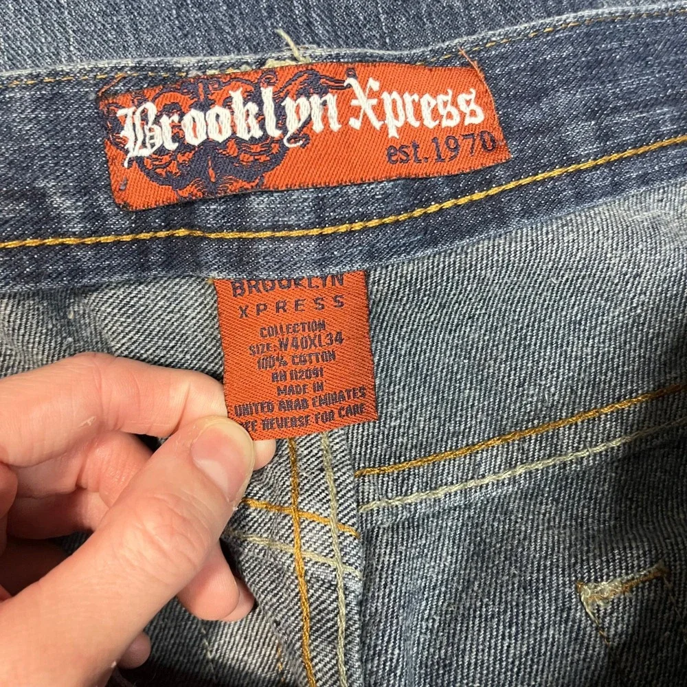 Brooklyn Xpress Mens Baggy Wide Leg Embroidered Jeans Blue 40x34 Y2K Streetwear